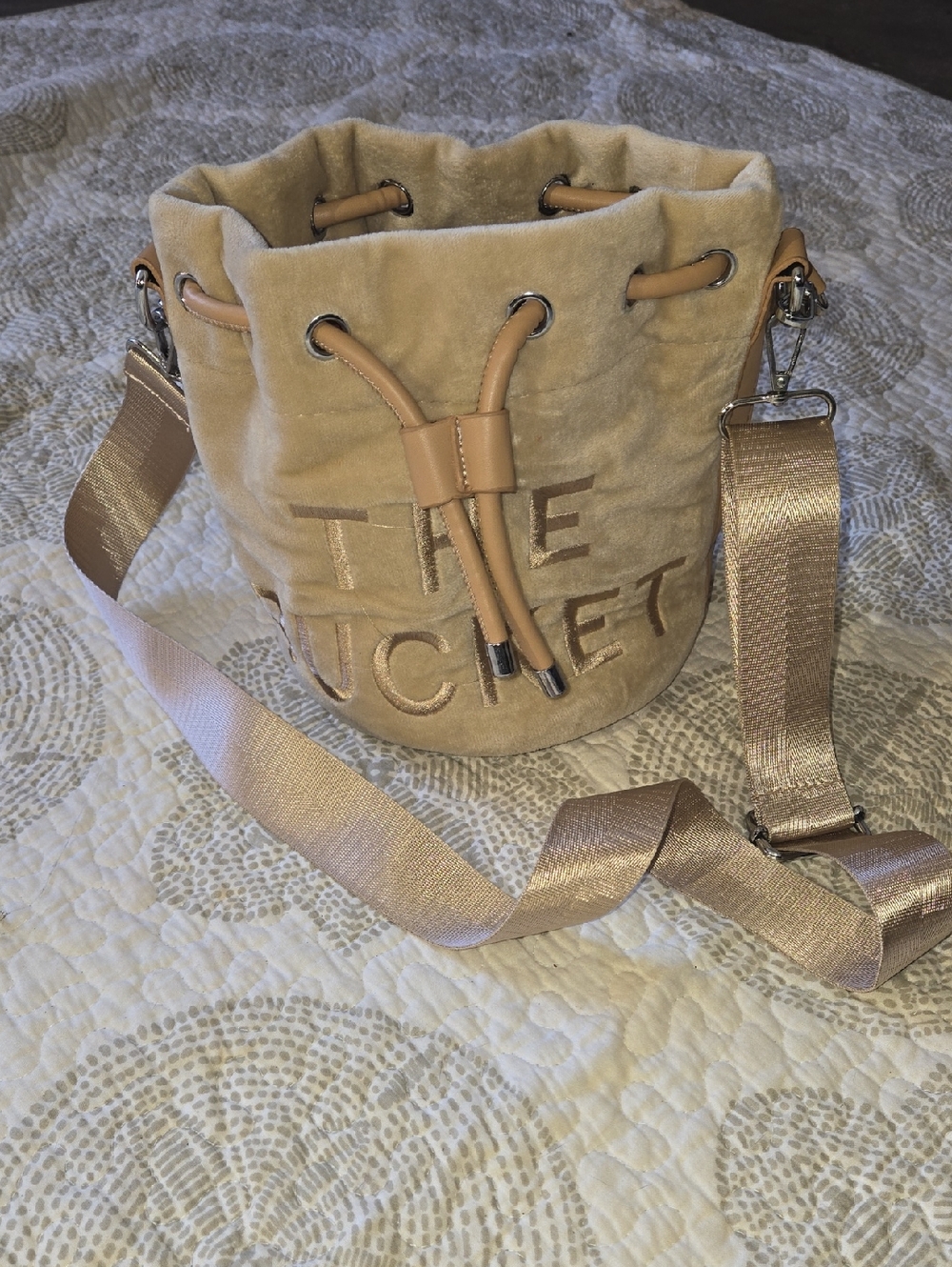 The Bucket Velvet Drawstring Crossbody Bag - Beige